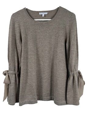 Merino Wool RSVP Talbots Sweater Top Tan Gold Metallic Glitter Bow Sleeve Taupe